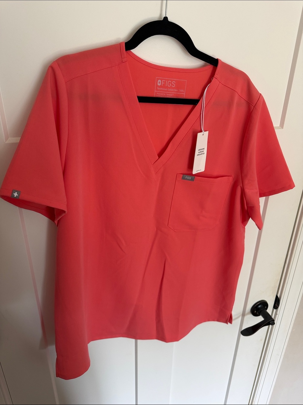 Figs Coral Pink V-Neck Scrub Top with Chest Pocket
